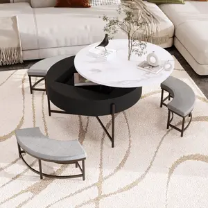 Coffee Table Modern Round Lift-Top Coffee Table with Storage & 3 Ottoman White & Black