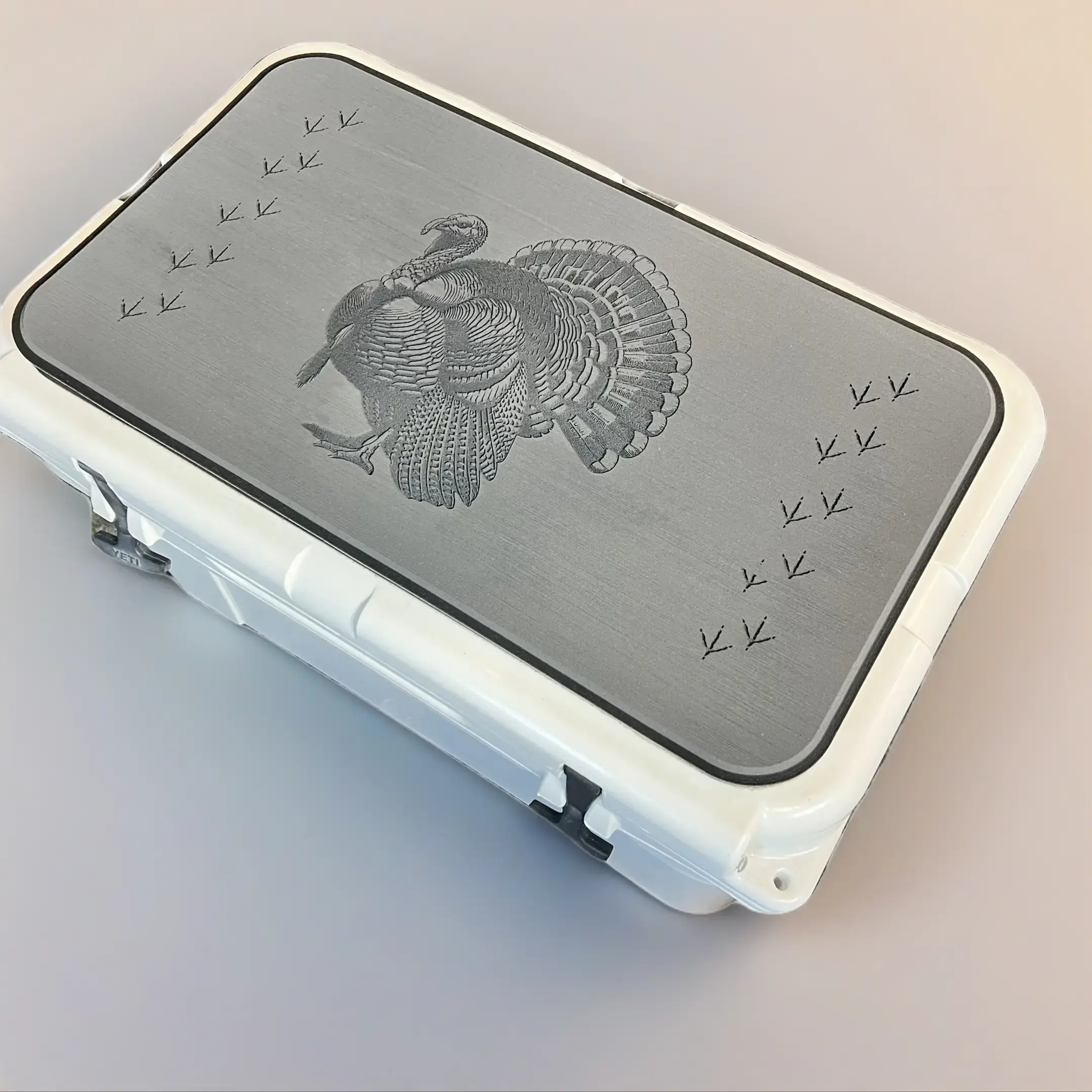 RTIC Cooler Pad with Strutting Gobbler and Turkey Tracks Logo - Top fits RTIC Cooler Lid - Dark Grey/Black Mat - Easy Peel and Stick Application - 3M Adhesive - Ice Box Camping Supplies