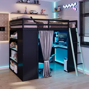 Full Size Loft Bed Wood Frame with Storage Wardrobe,Shelves,Blackout Curtains,and RGB Lights,Black+Blue