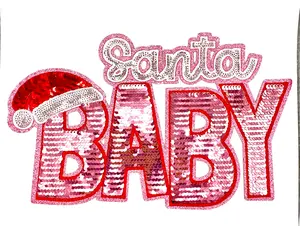 Santa Baby Pink Christmas Sequin Shimmer Embroidered Iron-On Patch