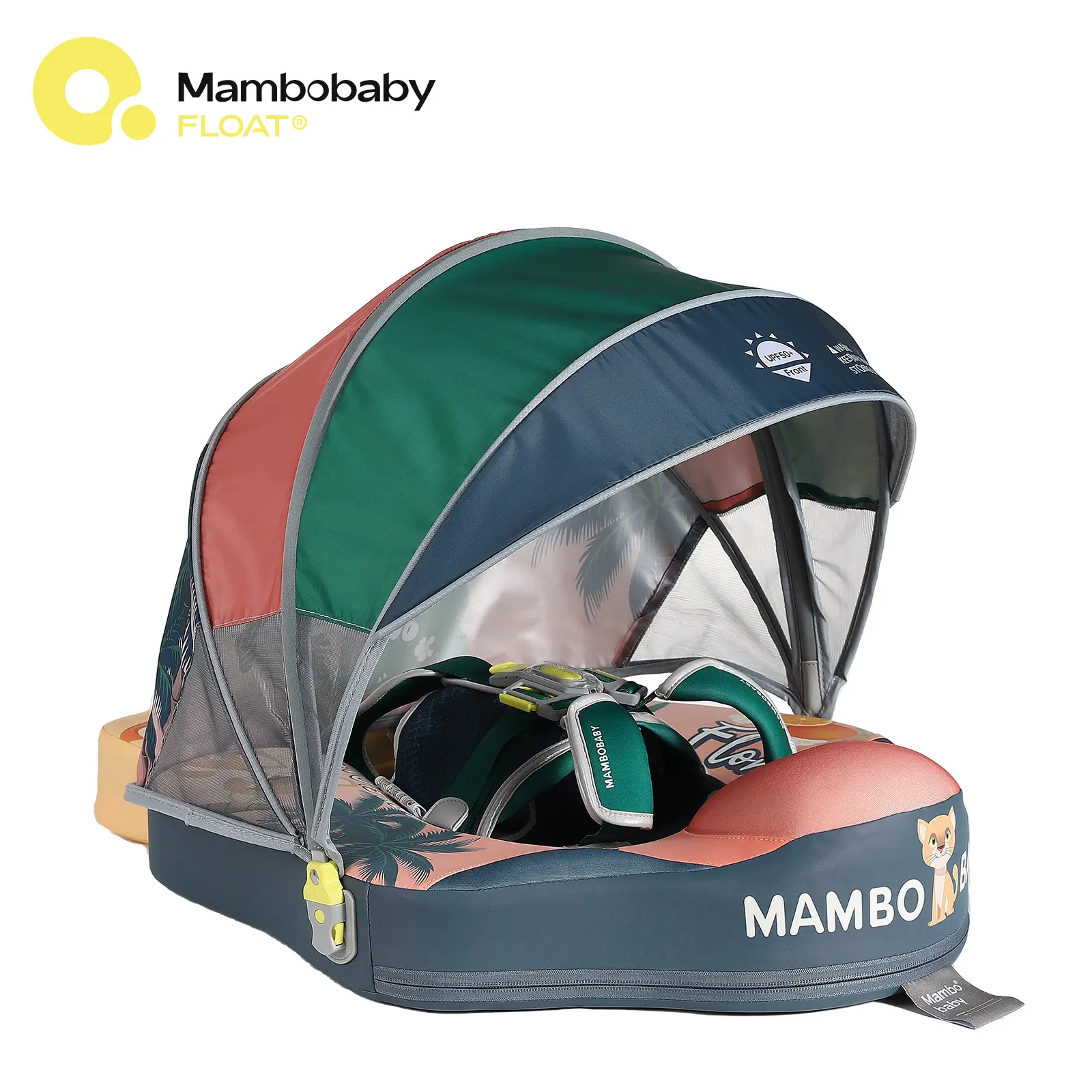 Mambobaby Florida-Themed Non-Inflatable Baby Swim Float with Detachable Canopy, UPF 50+ Sun Protection, 5-Point Safety System, for 3-24 Months Babies - Pool & Beach Water Toy