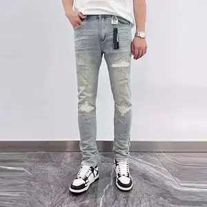 2025SpringNewRippedHoleDenimMan'sPantsWashingLightBlueHipHopSlimFitMen'sTrousersHighStreetBluebeggarJeans