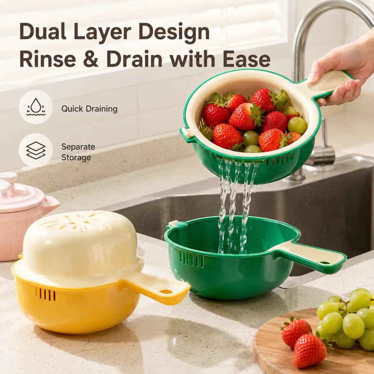 1 Count, Handheld Double Layer Fruit Colander Stackable Plastic Strainer Basket for Washing Small Fruits and Vegetables in Kitchen Sink