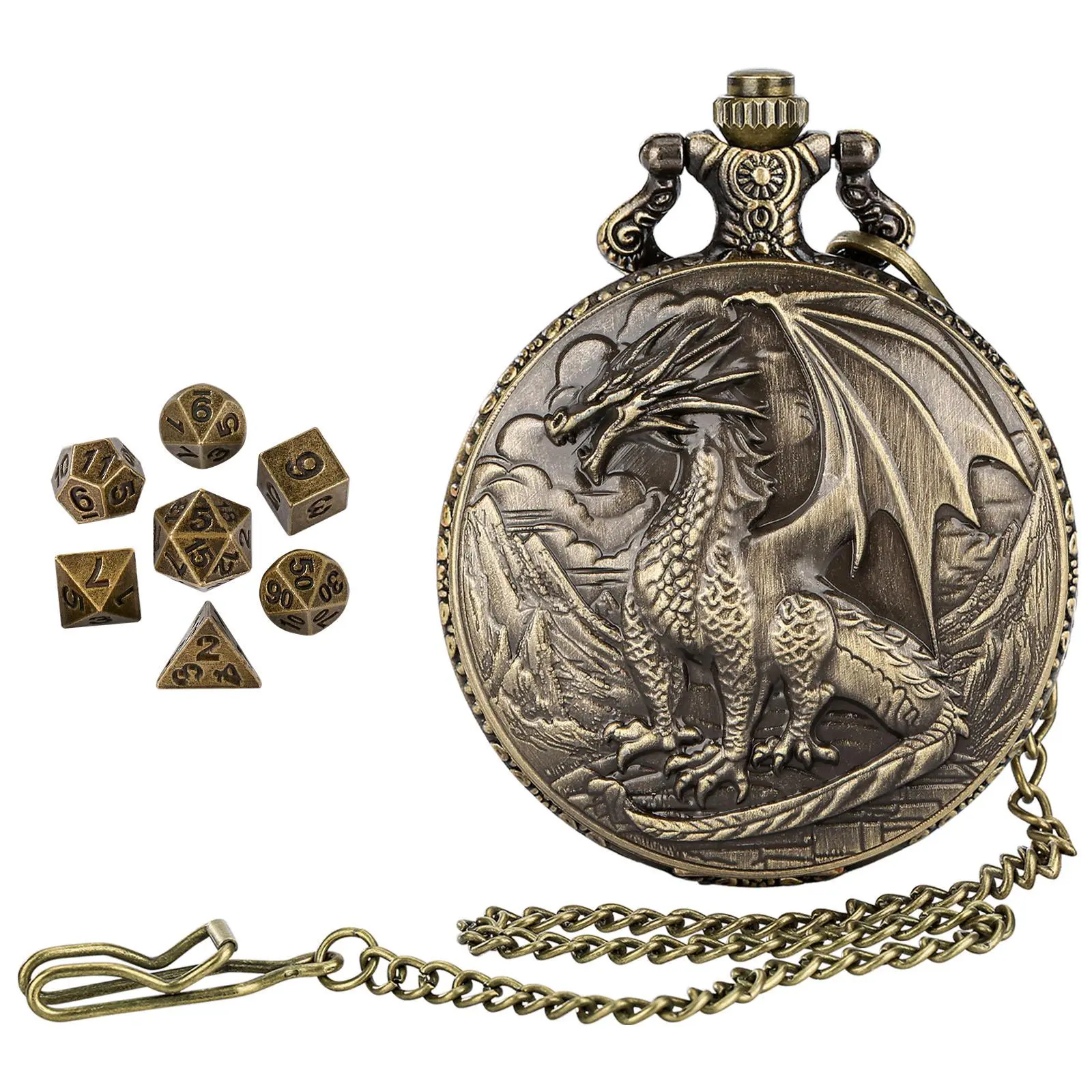 Dragon Design Metal Durable Polyhedral Dice Set, Including 1 Set Dice Storage Box & Chain & 7 Counts Dice, DND Dice Game for Party, Birthday Gift for Friends