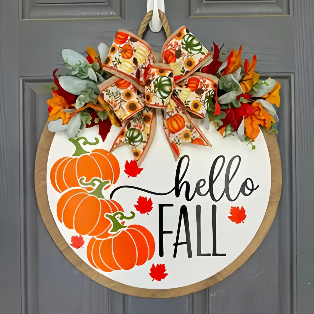 Colorful Pumpkin & Bow Wooden Door Hanger with Attached Rope, Rustic Farmhouse Front Door Decor, Fall Welcome Sign, Seasonal Housewarming Gift