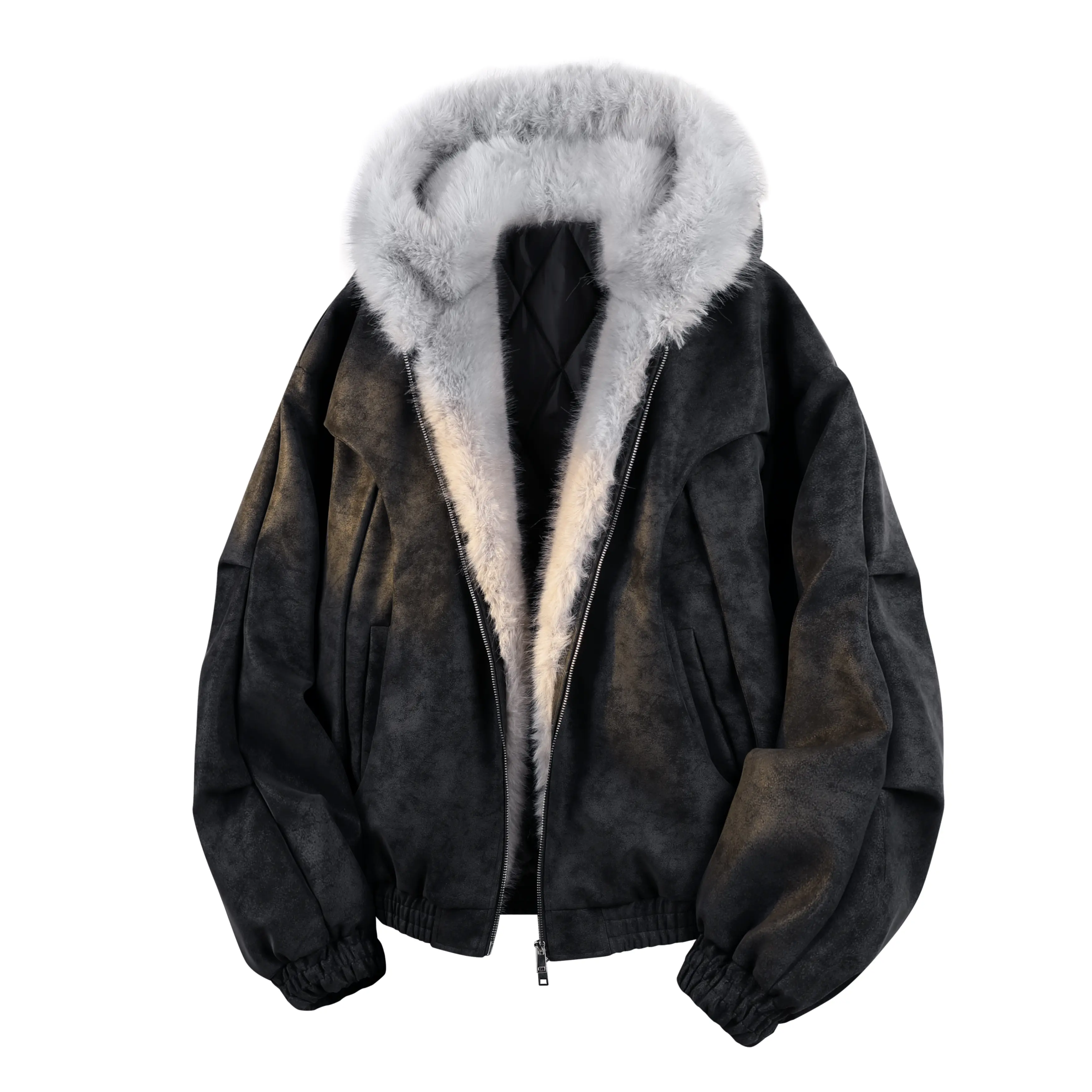 Men's Gradient Faux Suede Aviator Jacket - Casual Drop-Shoulder Winter Coat with Thick Padding and Fur-Like Finish, Tops, Menswear, Coats, Long Sleeve backtoschool, Stylish