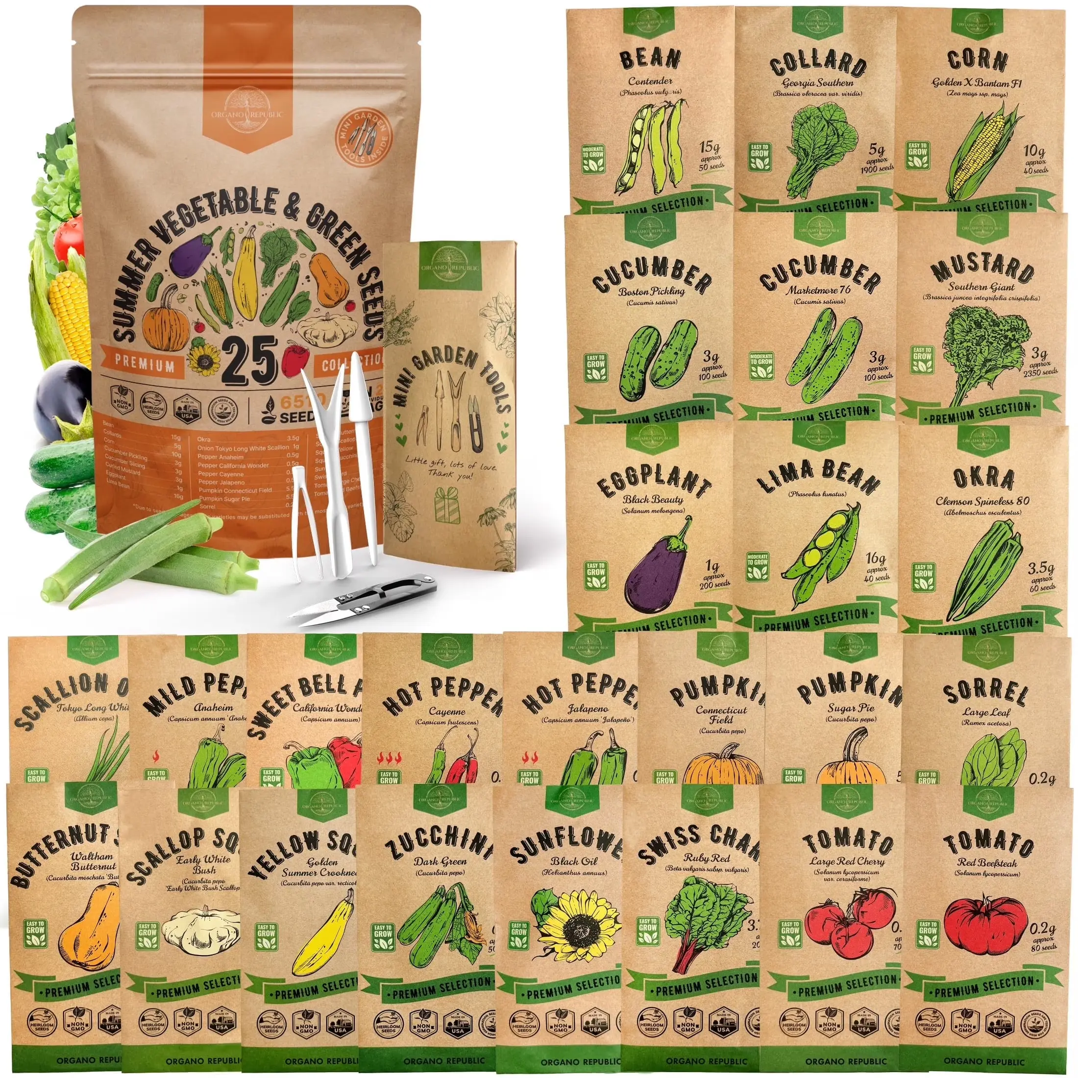 25 Summer Vegetable & Greens Seeds Varieties - 6,510+ Non GMO Heirloom Garden Seeds