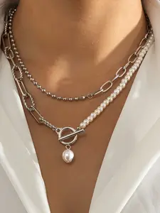 Faux Pearl Decorated Layered Necklace with OT Buckle, Fashion Oval & Beaded Chain, Elegant Necklace for Party, Daily Clothing Decor, Trendy All-match & Exquisite Jewelry for Birthday Gift, Modern Versatile Accessories Multilayer Necklace