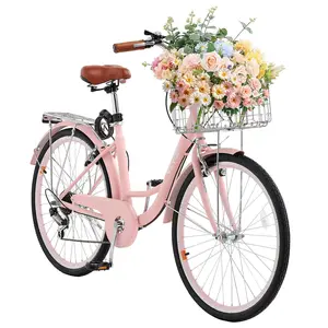 VEVOR 26-Inch Cruiser Bike 7-Speed Pink Beach Cruiser Bike with Basket