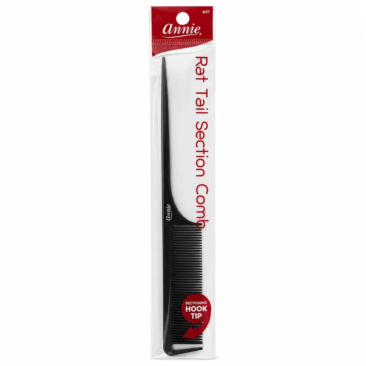 Annie Black Rat Tail Section Comb with Hook Tip - Professional Hair Styling Tool for Beauty & Personal Care
