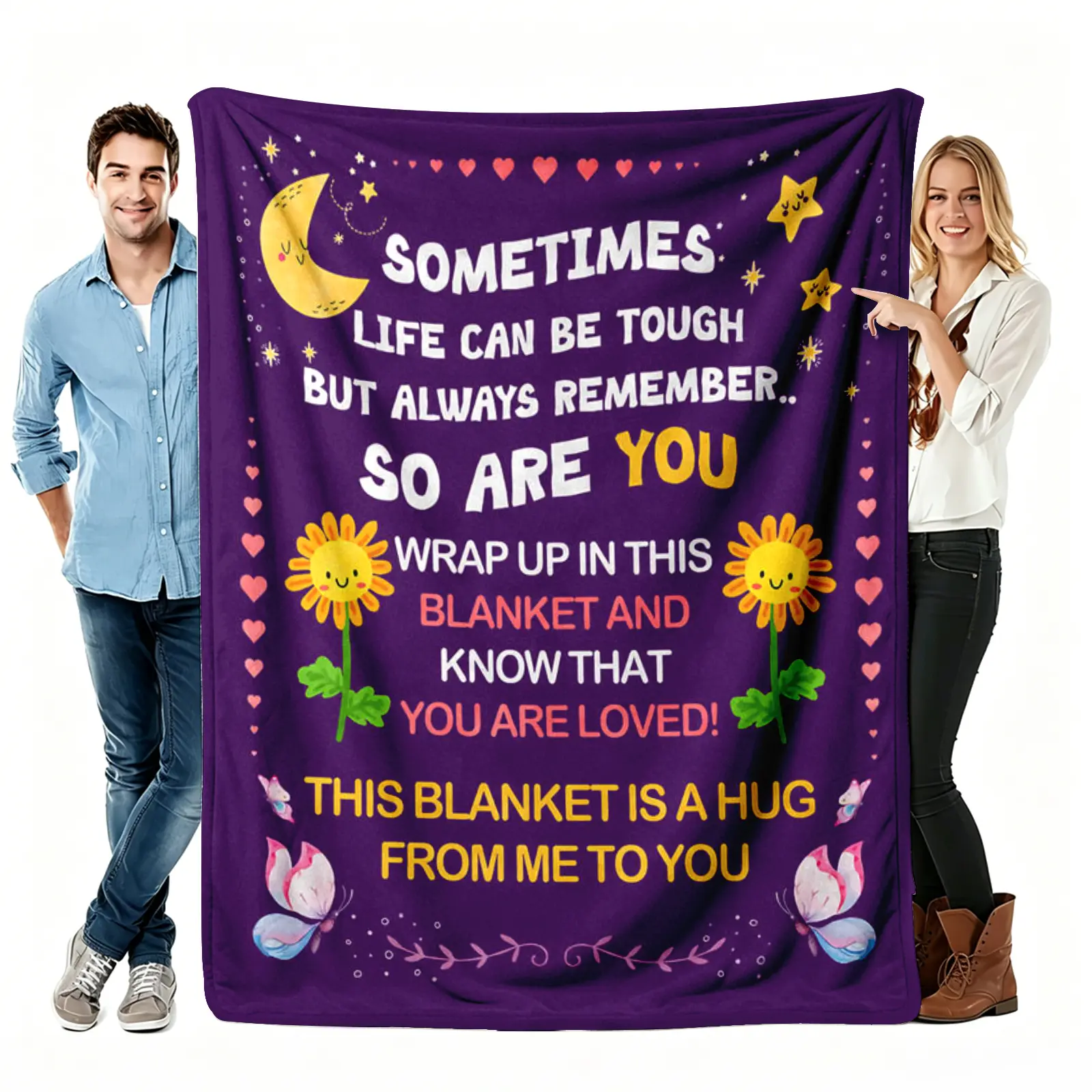 This Blanket Is A Hug Throw Blanket, Encouragement Mental Health Flannel Blanket, Soft Cozy Warm Throw, Sometimes Life Is Tough Purple Yellow Design, Emotional Support Gift for Her Him Friend, Anxiety Comfort Couch Bedroom Decor