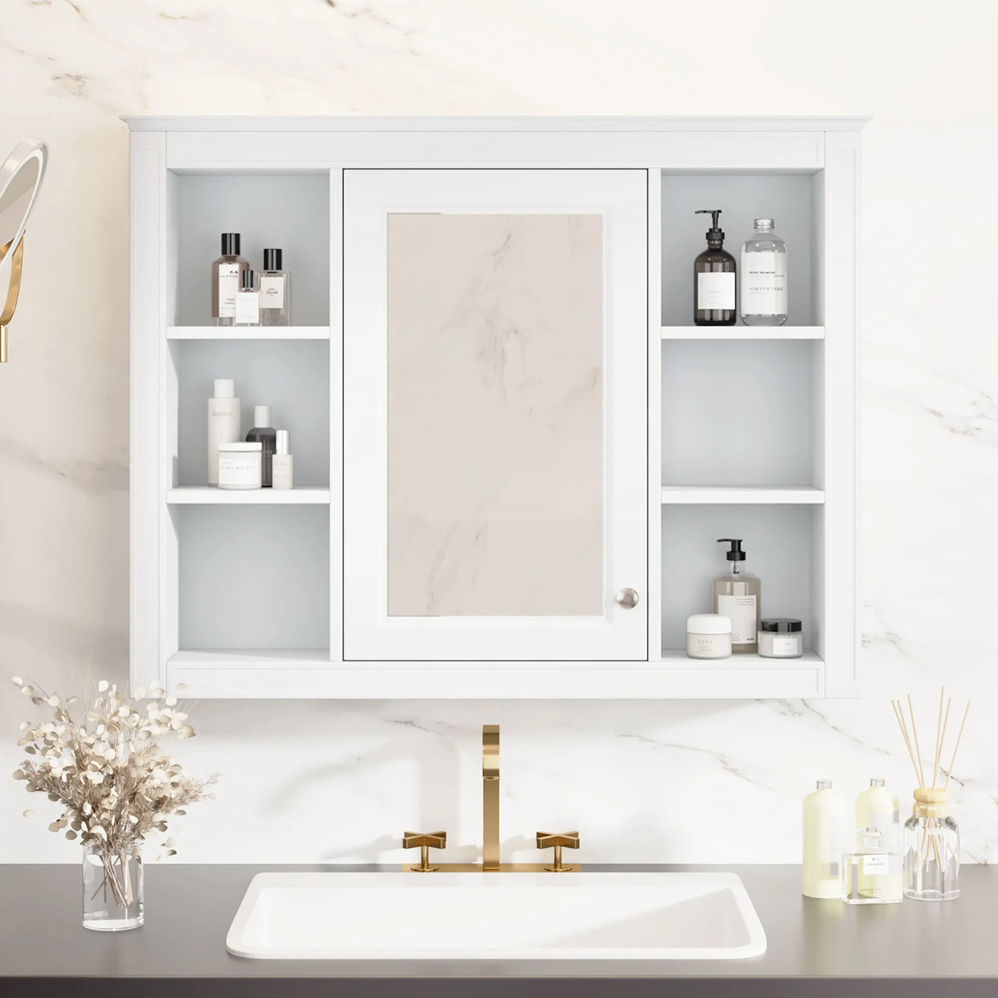 Sturdy Wall-Mount High-Quality MDF Independent Bathroom Mirror Cabinet, 35x27.5 in Bathroom Fixture, 6 Open Adjustable Shelves, Glam Modern Vanity Organization Storage, Assembly Required