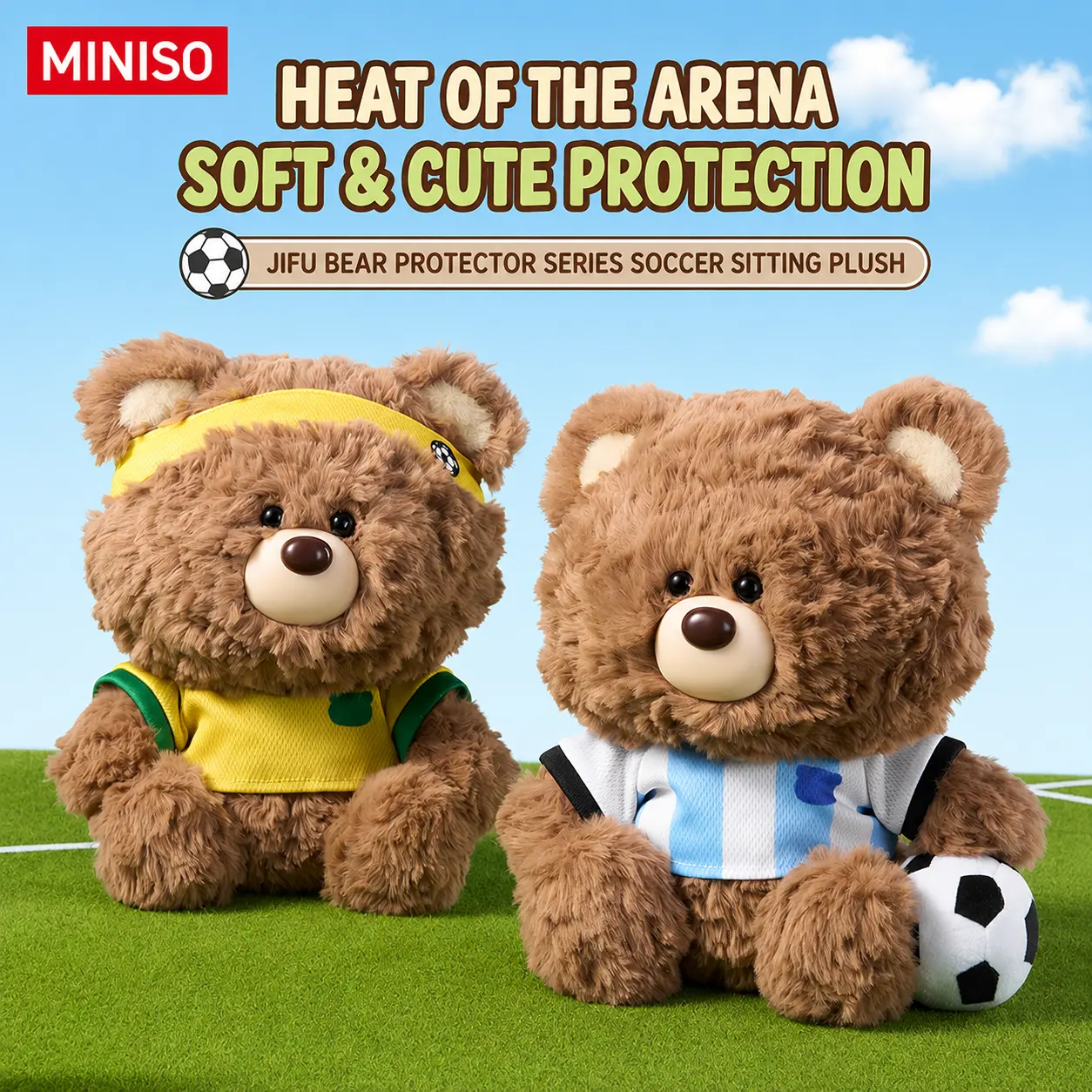 MINISO Giftford Bear Guardian Series Soccer Sitting Plush Toy, Soft Cuddly Stuffed Bear Doll in Football Outfit, Cute Collectible Gift for Kids Fans Birthday