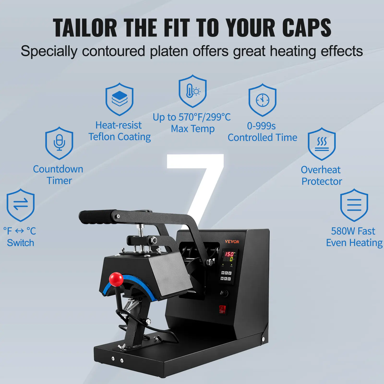 Clamshell 4-in-1 Hat Press Machine for Hat Making, Cotton/Polyester Sublimation Transfer Tool for Beginners, 6x3in/6.7x2.7in/8.1x3.5in (inches/cm) Sizes, LCD Timer Temp Control (104°F-410°F), Non-Stick Curved Heating Elements, Auto Shut-Off, Long Arm, Cla