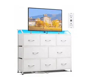 8-Drawer Fabric Dresser with Power Outlets & LED Light, Multifunctional TV Stand Storage Cabinet for Bedroom, Living Room, Office & Hallway, White