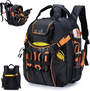 52 Pockets Tool Bag Backpack for Men Tool Backpack Heavy Duty Storage Organization Tool Bags Heavy Duty with  Molded Base for Electrician Repairman Industrial & Construction Work Black