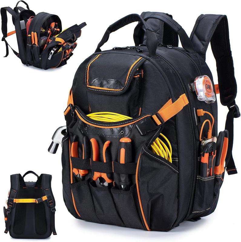 52 Pockets Tool Bag Backpack for Men Tool Backpack Heavy Duty Storage Organization Tool Bags Heavy Duty with  Molded Base for Electrician Repairman Industrial & Construction Work Black