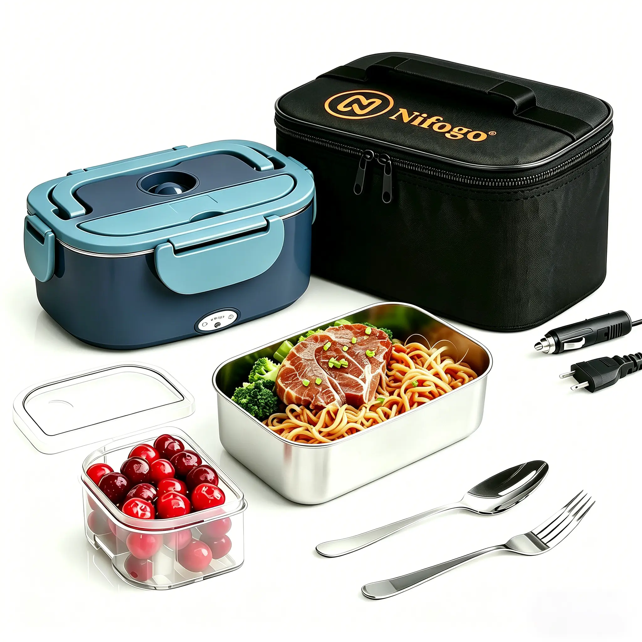80W Power Fast Heating Lunchbox Full Set Inside - 1.5L/1.8L Leakproof Seal Insulated Portable Lunch Warmer Tableware Set with Cutlery Bag, Heated Lunch Boxes for Office, Travel (Black)