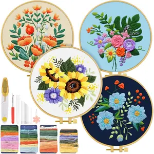 4 Sets Embroidery Kit for Adults, Floral Embroidery Practice Kit for Beginners Include Embroidery Cloth Hoops Threads for Craft Lover Hand Stitch with Embroidery Skill Techniques