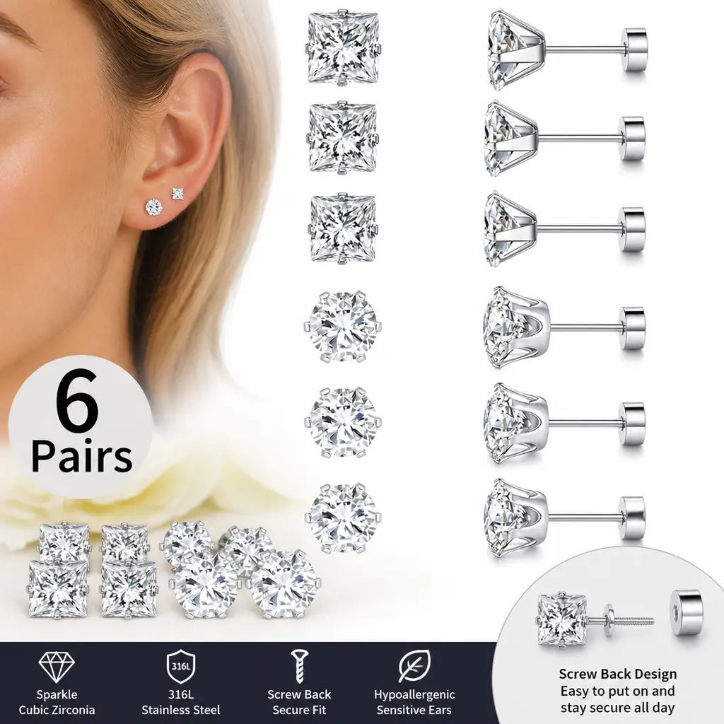 Women’s Hypoallergenic Earring Stacks Set - Titanium Surgical Steel Coated Metal Screwback CZ Studs, 3mm Multi-Size Round/Square Princess Stud Shape, Secure Fit 6 Pairs for Sensitive Ears - Mid Year Sale Restock