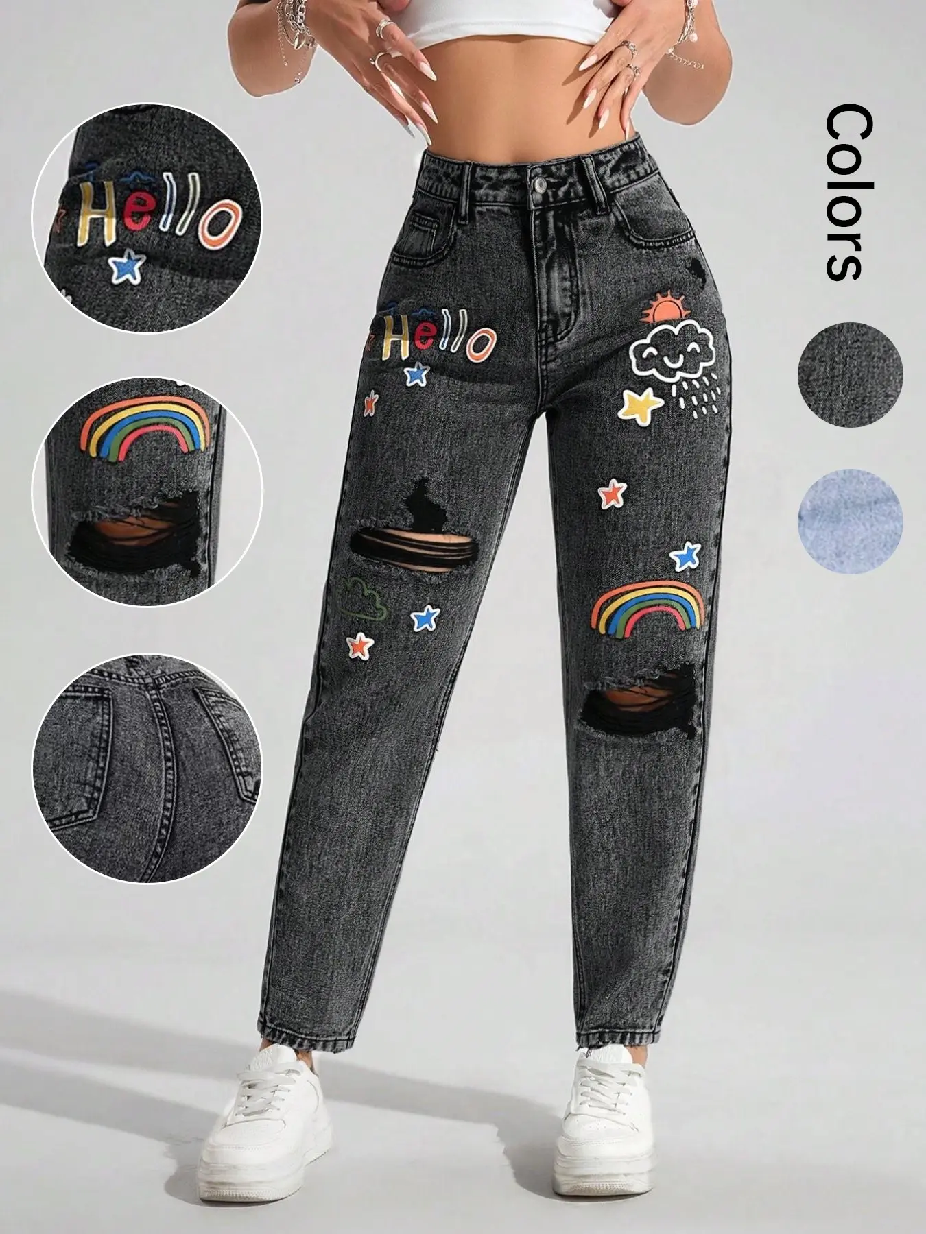 Women's High-Waisted Ripped Denim Jeans, Fitted Casual Graffiti Design, Y2K Sweet Style, Fall Essential, All-Season Comfortable Long Pants