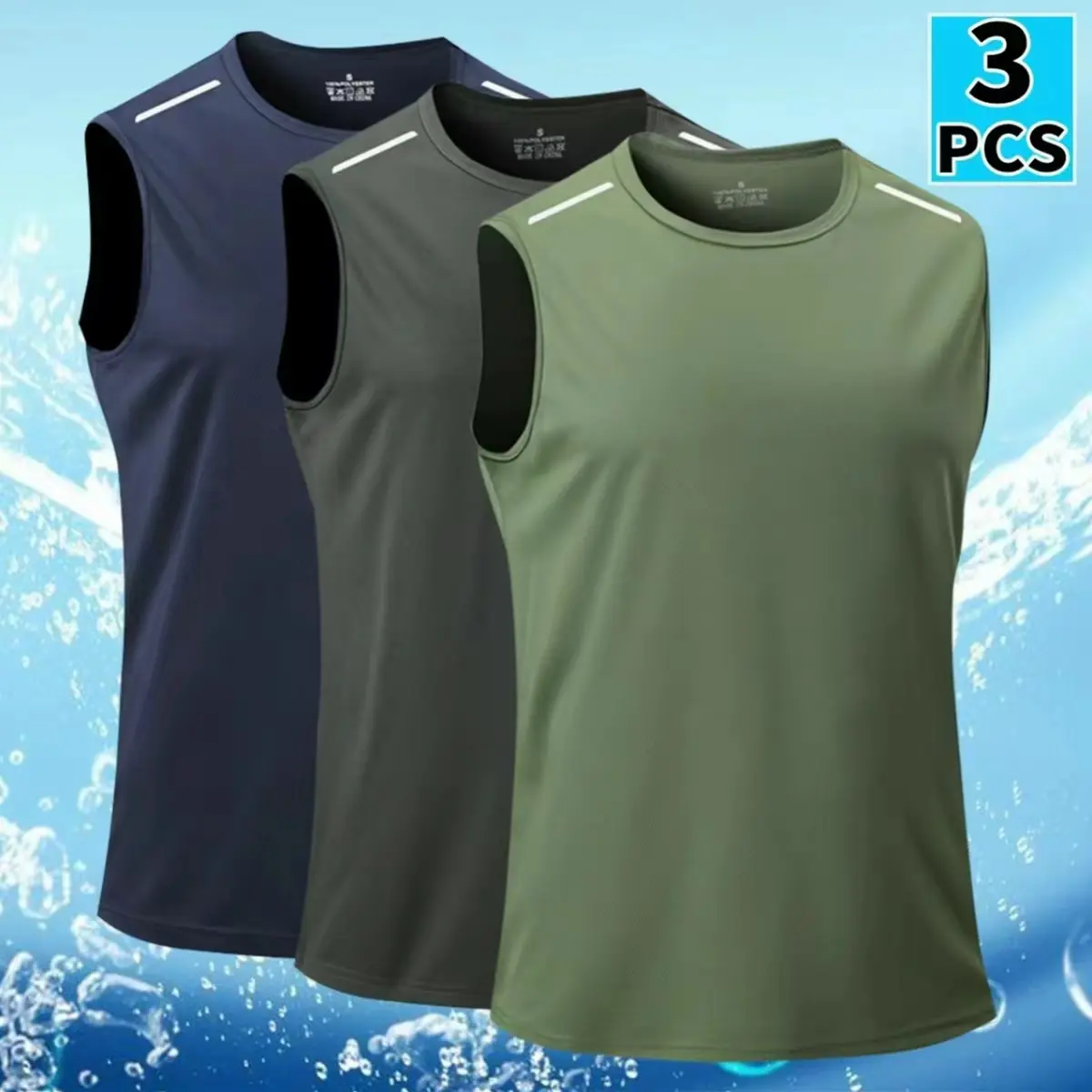 Men’s Three-Piece Tank Top Set – Breathable, quick-dry sleeveless tops suitable for summer workouts, running, and training; crew neck design; polyester fabric; available in black, white, and navy blue; sportswear