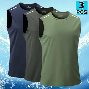 Men’s Three-Piece Tank Top Set – Breathable, quick-dry sleeveless tops suitable for summer workouts, running, and training; crew neck design; polyester fabric; available in black, white, and navy blue; sportswear