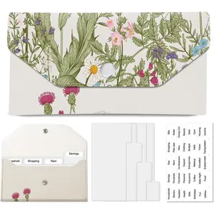 PU Leather  Envelopes Wallet,   Savin Wallet, Cute Budget Envelope with 4 Dividers & 1 Sheets Budget Labels  Flower Sketch