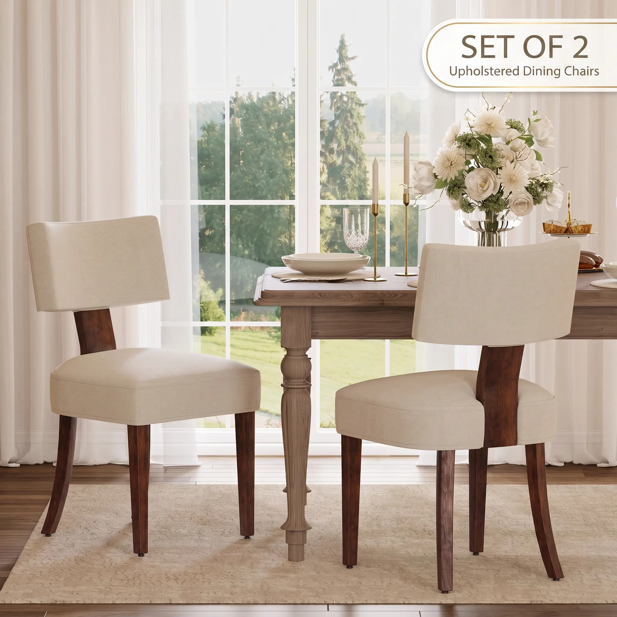 Mid-Century Modern Dining Chairs Set of 2 – Upholstered Modern Style Inspired Chenille, Curved Backrest, Hardwood Frame, Farmhouse Accent - Green Chenille and Brown Wooden Legs summerwins