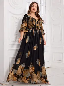 Elegant Floral Print Maxi Dress, Random Cut Diamond Neckline, Lantern Sleeve Chiffon Gown, Draped Flowy A-Line Evening Party Dress
