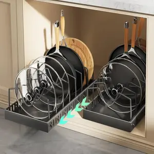 Drawer Pull Pot Lid Storage Rack, Cabinet Under Pot Organizer with 8 Adjustable Compartments, Perfect Kitchen Utensil Holder