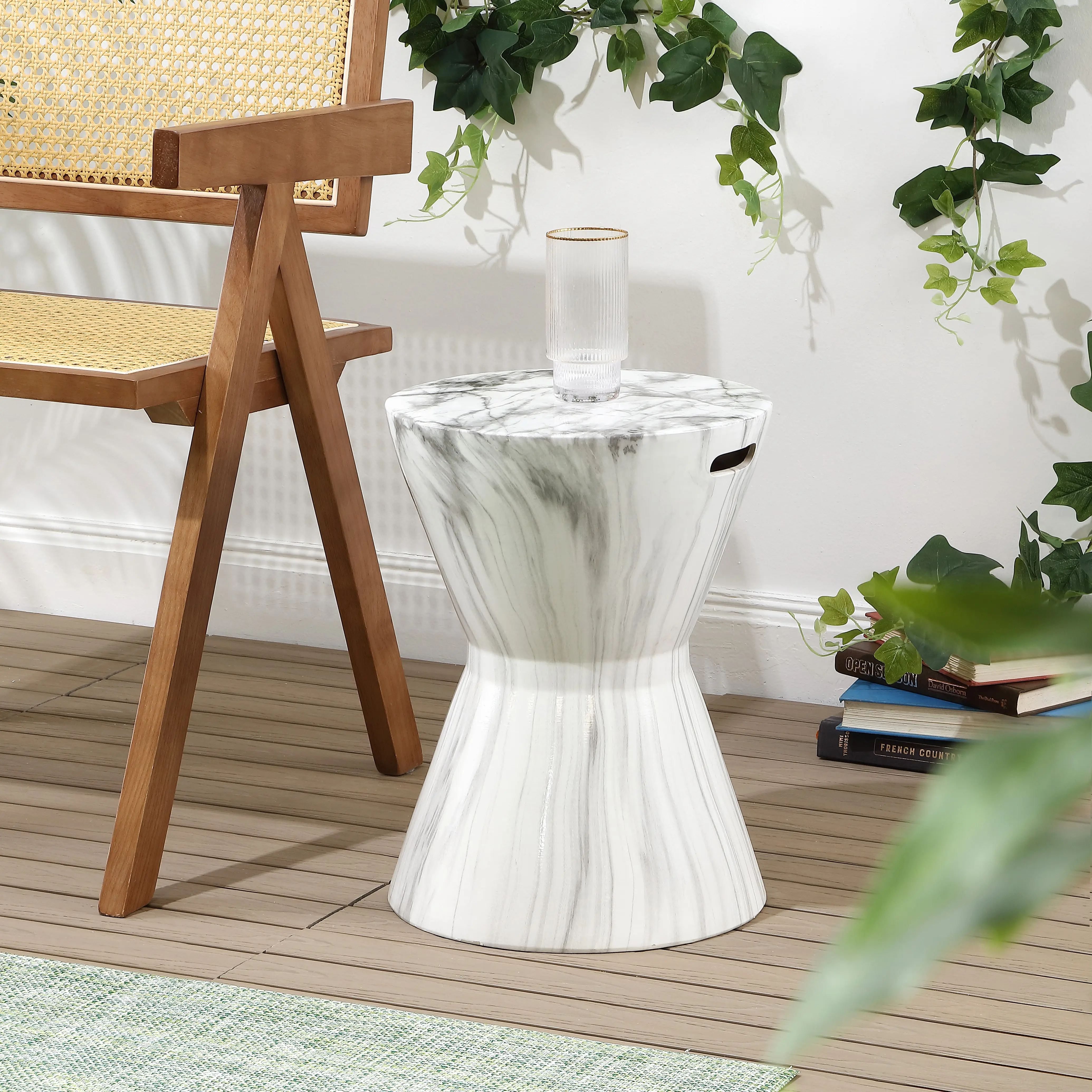 JONATHAN Y 17.3" Ceramic Garden Stool - Carrara Marble Look, Hourglass Body, 175 lbs Capacity, White Finish, Indoor/Outdoor Modern Minimalist Accent Piece