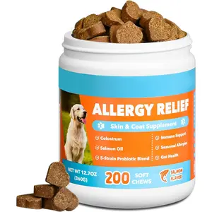 Dog Allergy Support Chews for Seasonal & Environmental Sensitivities – with Colostrum, Salmon Flavor, 200 Soft Chews