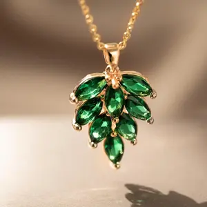 Emerald Green Necklace Gold Leaf Cluster Pendant Dainty Elegant Jewelry Gift for Women Girls