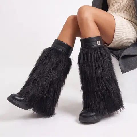 Womens Faux Fur Knee High Boots Round Toe Wedge Heel Side Zipper Warm Comfortable Party Dress Casual Outdoor Concert Nightout Events Street Style Vacation Travel Trendy Fashion Tall Snow Boots
