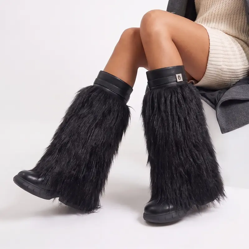 Womens Faux Fur Knee High Boots Round Toe Wedge Heel Side Zipper Warm Comfortable Party Dress Casual Outdoor Concert Nightout Events Street Style Vacation Travel Trendy Fashion Tall Snow Boots