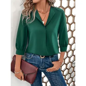 Plus Size Women's Fashionable Solid Color V-neck Lapel Five Quarter Sleeve Shirt Top