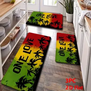 2/3 Piece Flannel Kitchen Mat Set, Rasta Gradient One Love & Palm Tree Design, Non-Slip, Absorbent, Home Decor