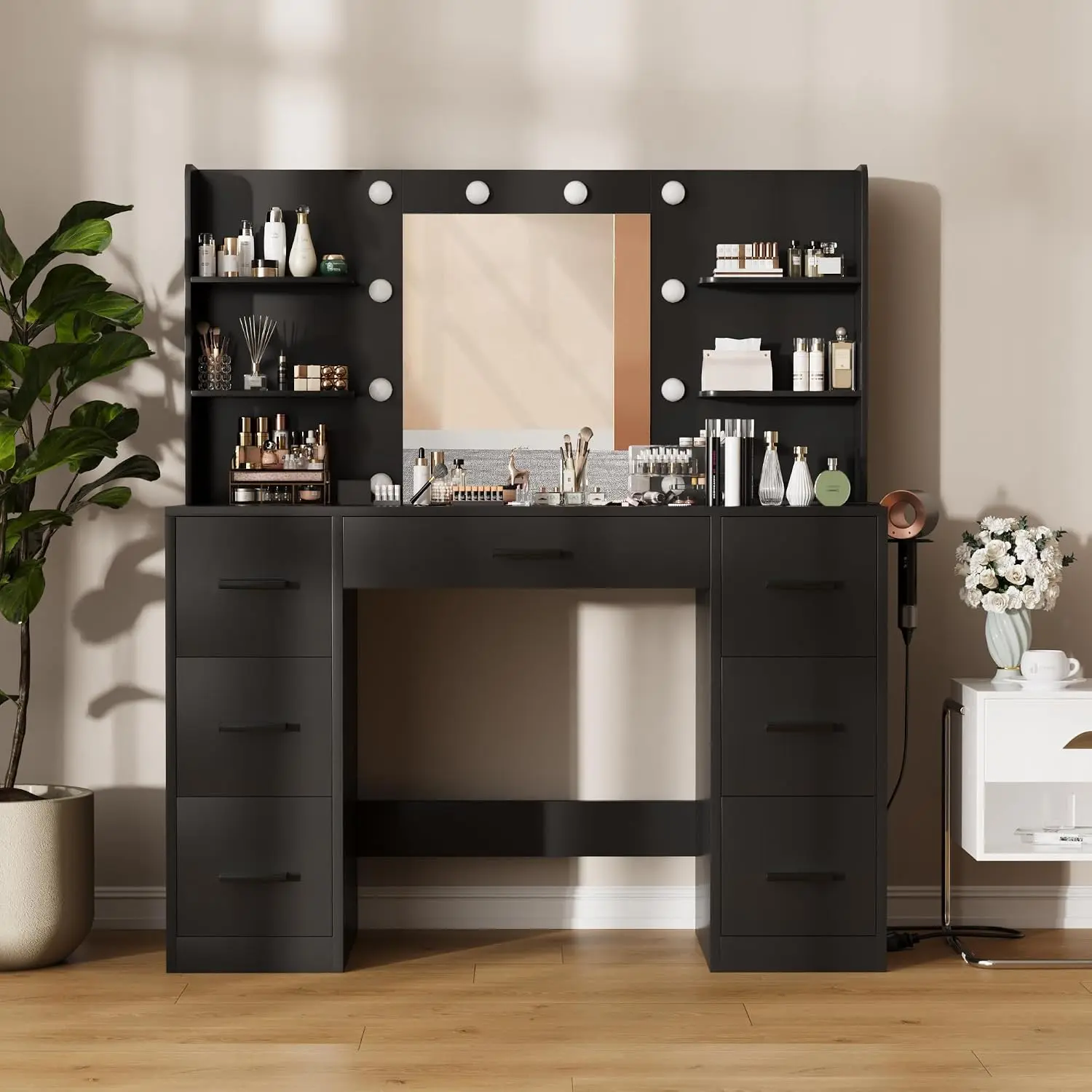Furmax Makeup Vanity Desk with Large Mirror and LED Lights,   Beauty  Organizer Vanity with Power Strip and Hairdryer Holder, Modern Dressing Table with 6 Open Shelves and 7 Drawers, for Bedroom (White)