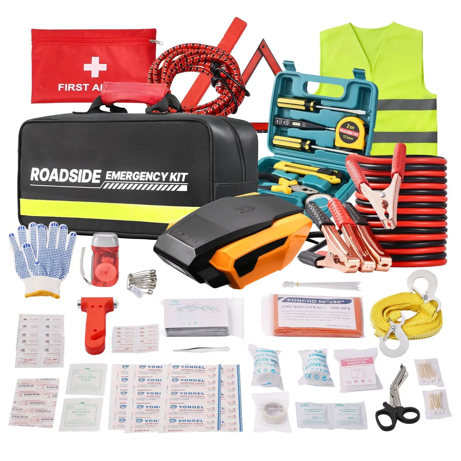 VEVOR 32-Piece Car Emergency Kit with Medical First Aid Supplies, Flashlight, Poncho, Jumper Cables, Emergency Blanket & 8 Must-Have Tools for Vehicles