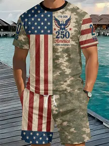 Men's 3D Digital Printed Two-piece Camouflage Star-Spangled Eagle Emblem Set, 2Pcs, Trendy Fashion Suit, Retro Casual Two-piece Outfit, Vacation-style Trendy Wear, Breathable Sports Casual Style, Perfect Festival Gift for Men