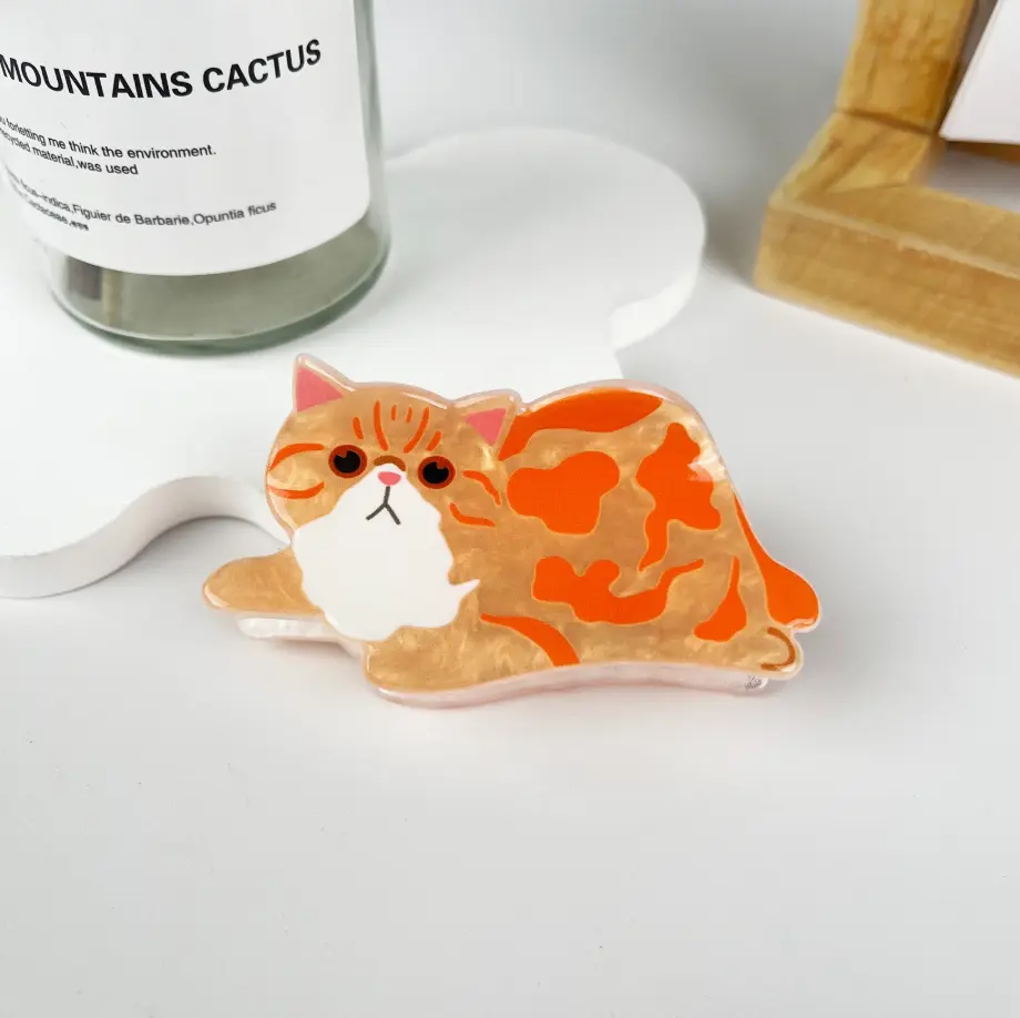 Hair Claw Clips - Orange Cat-Shaped 3" by 1.3" Tabby Print Fashion Hair Accessory for Daily, Everyday Use