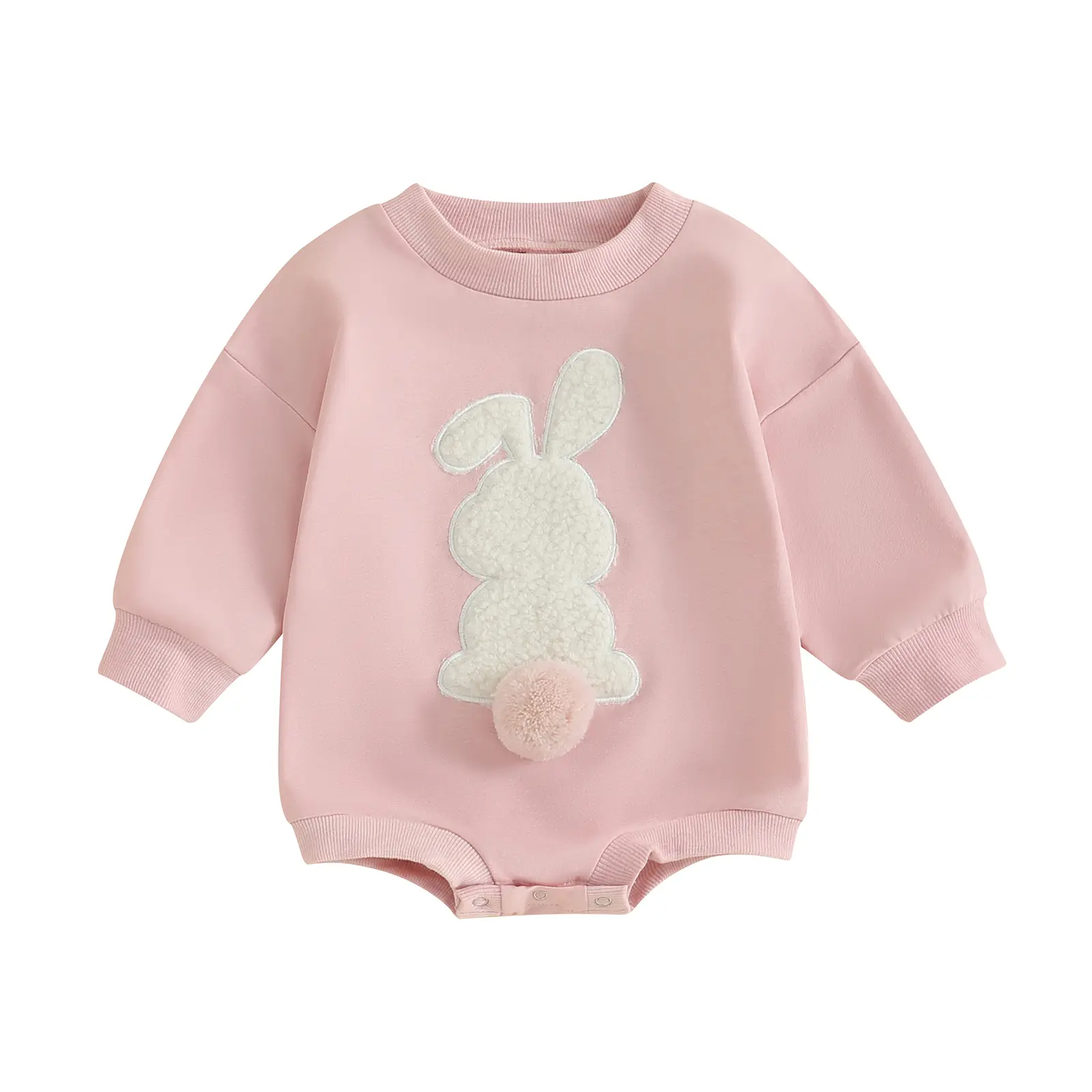 Cotton Kids' Long Sleeve Bunny Embroidery Romper Jumpsuit - Fuzzy Cute Easter Spring Outfits for 0-6 Months Infants (38-44 cm)