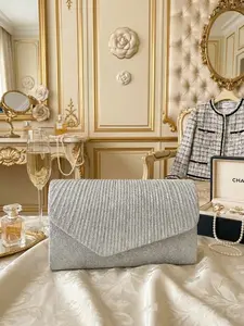Elegant Silver Color Glitter Pleated Clutch Bag, Sparkly Envelope Evening Handbag for Wedding, Prom & Formal Events, All Seasons Style