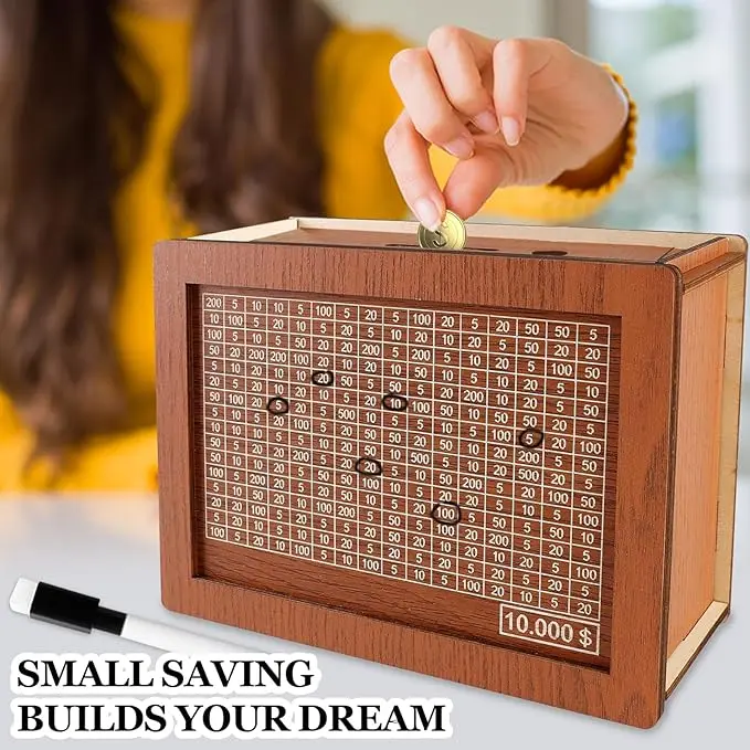 Wooden Piggy Bank Cash Vault - Money Jar with $10000 Saving Goal, Target & Numbers, Halloween & Christmas Gifts for Home Decor