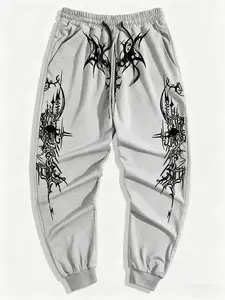 Dark Style Printed Jogger Pants, Loose Fit Elastic Waist Casual Athletic Jogging Sportswear, All Seasons Fitted Long Pants for Men