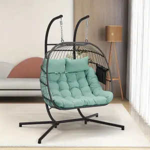 Outdoor Swing Double Egg Chair with Stand, Including Egg Chair Pillow, Patio Wicker Loveseat Hanging Chair, 600 lbs Capacity Swinging Chair Seats for Patio Bedroom Balcony, Light Blue