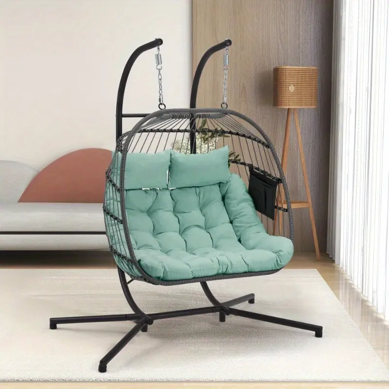 Outdoor Swing Double Egg Chair with Stand, Including Egg Chair Pillow, Patio Wicker Loveseat Hanging Chair, 600 lbs Capacity Swinging Chair Seats for Patio Bedroom Balcony, Light Blue