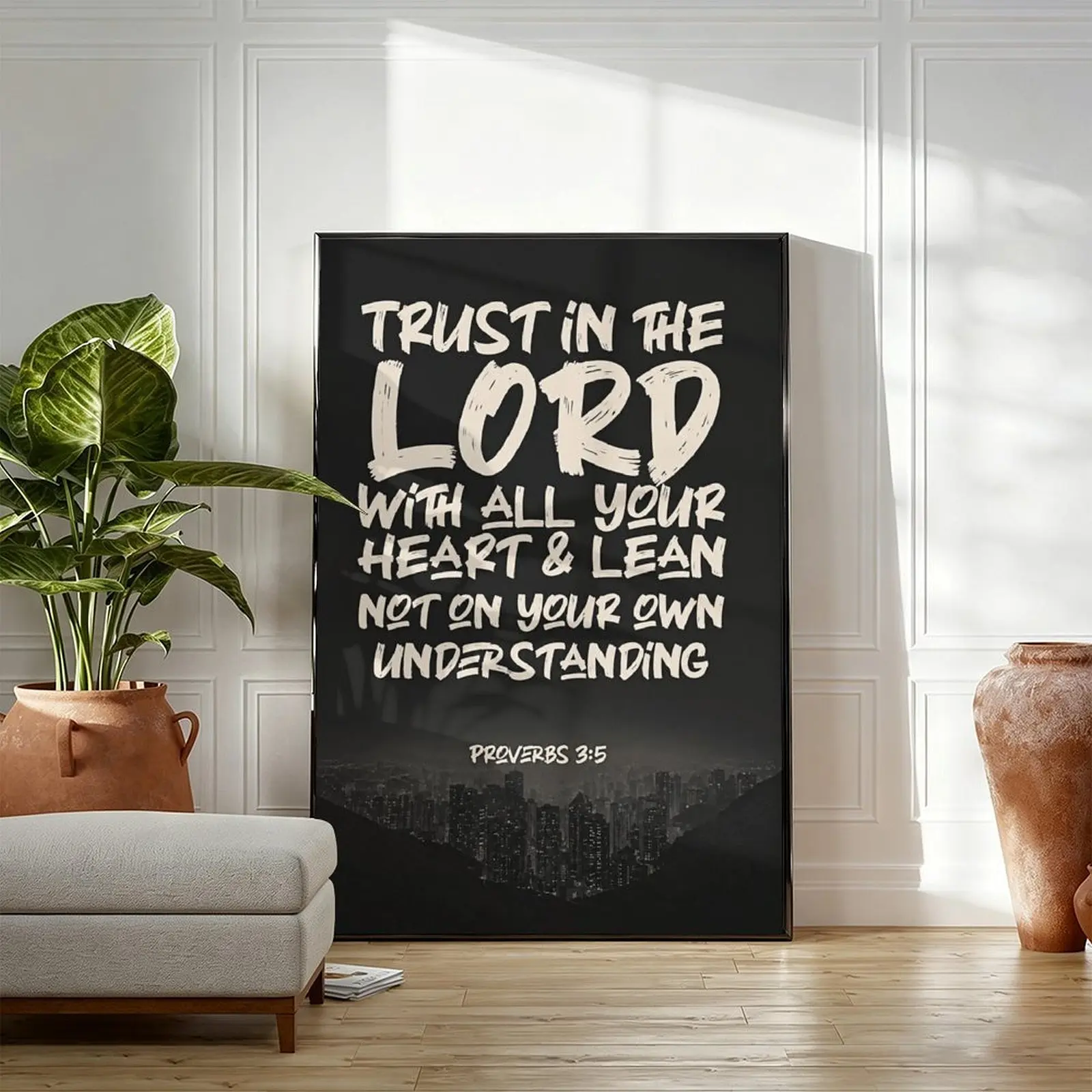 Christian Bible Verse Canvas Wall Art - Proverbs 3-5 Poster, Faith Home Decor, Religious Inspirational Church & Prayer Room Decoration, Christian Gift