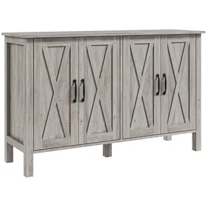 HOMCOM Buffet Cabinet, 47" Sideboard with 4 Barn Doors and 2 Adjustable Shelves, Farmhouse Coffee Bar Cabinet, Gray Wood Grain